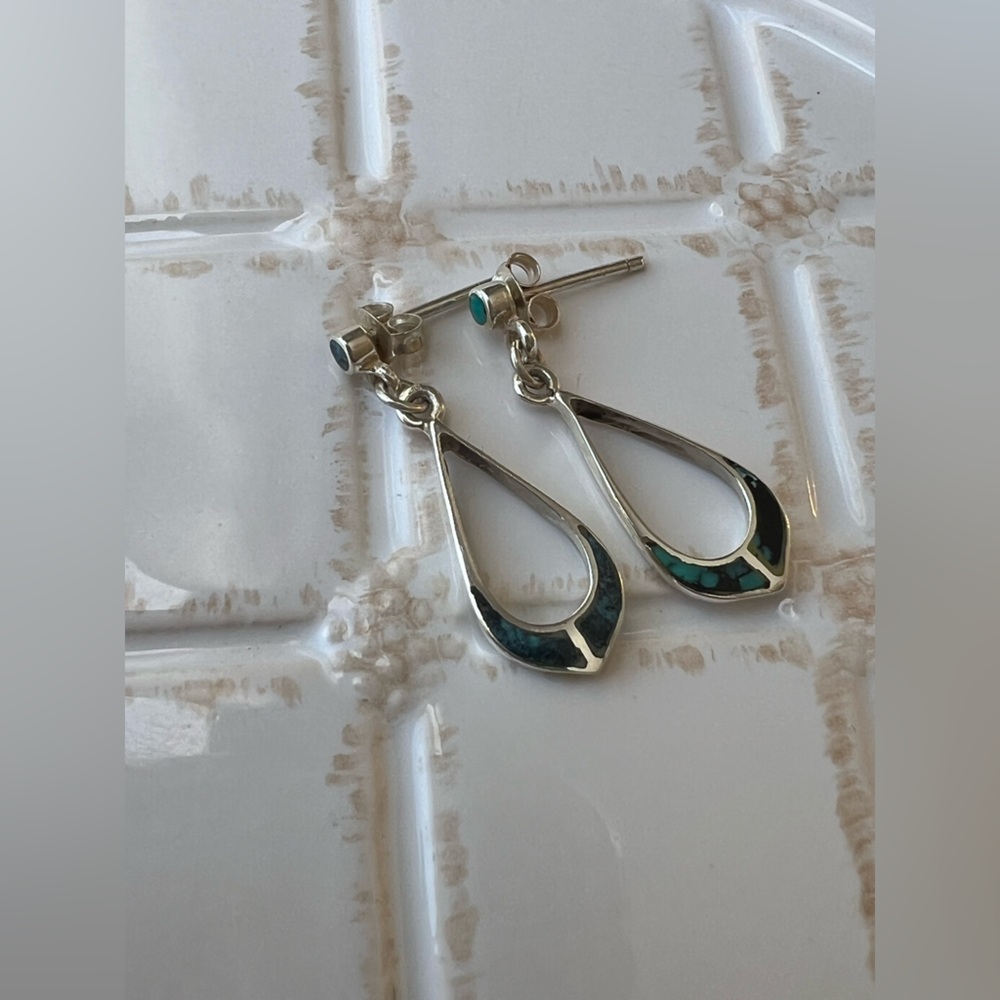 Vintage Sterling Silver Turquoise Inlay Teardrop Earrings 925 NOS - Picture 3 of 5